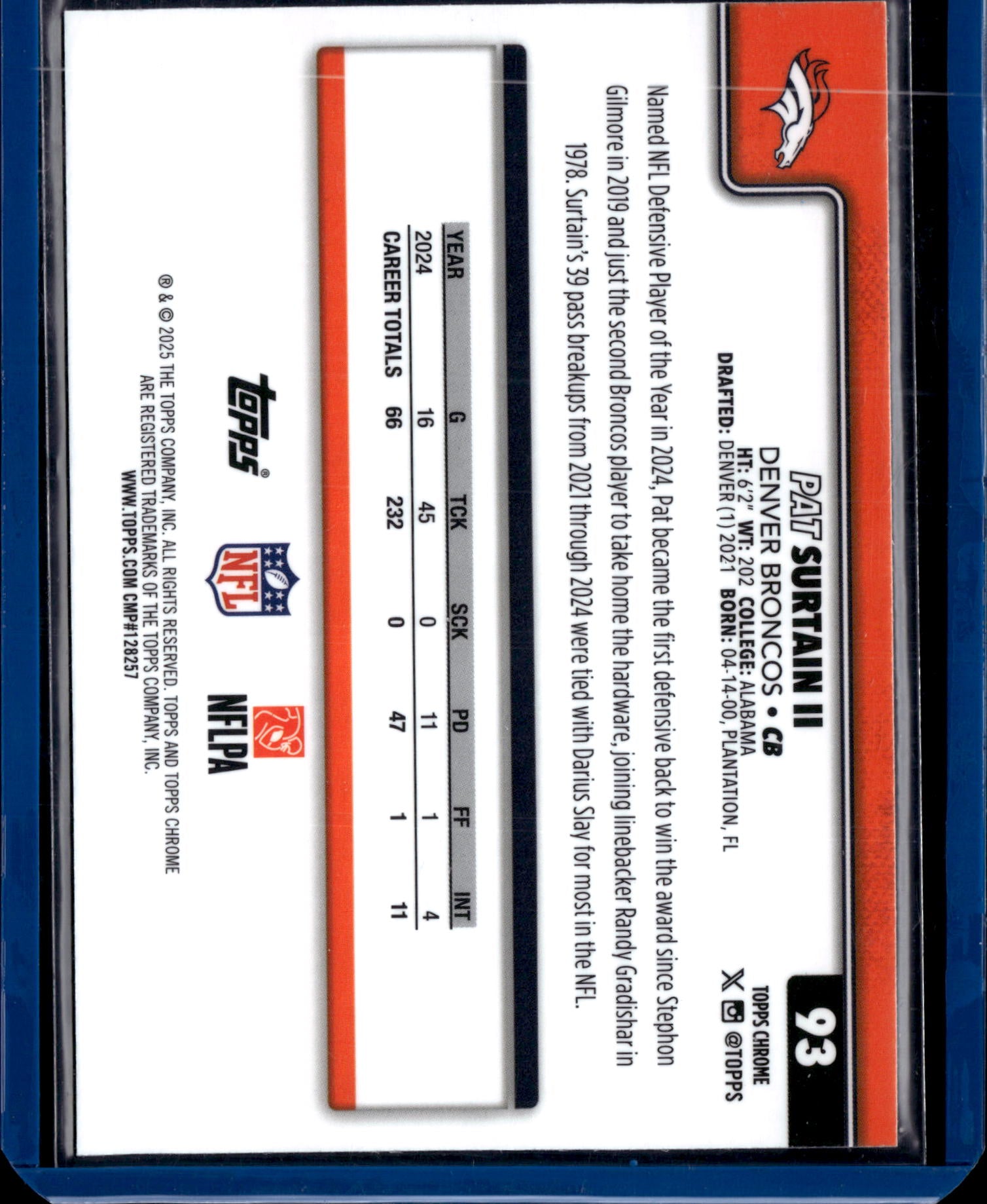 2025 Topps Chrome Football Pat Surtain II #93 Prizm