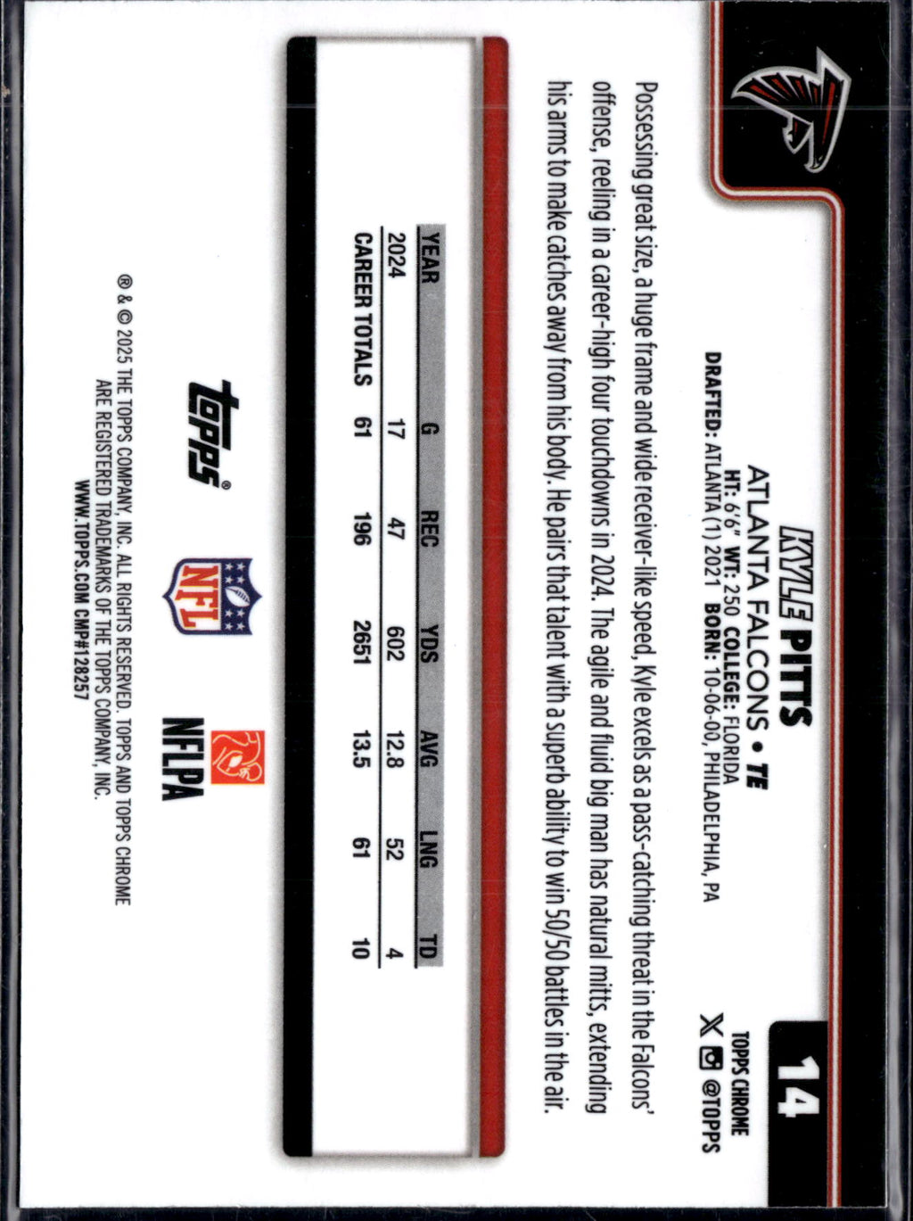 2025 Topps Chrome Football Kyle Pitts #14 Refractor /50