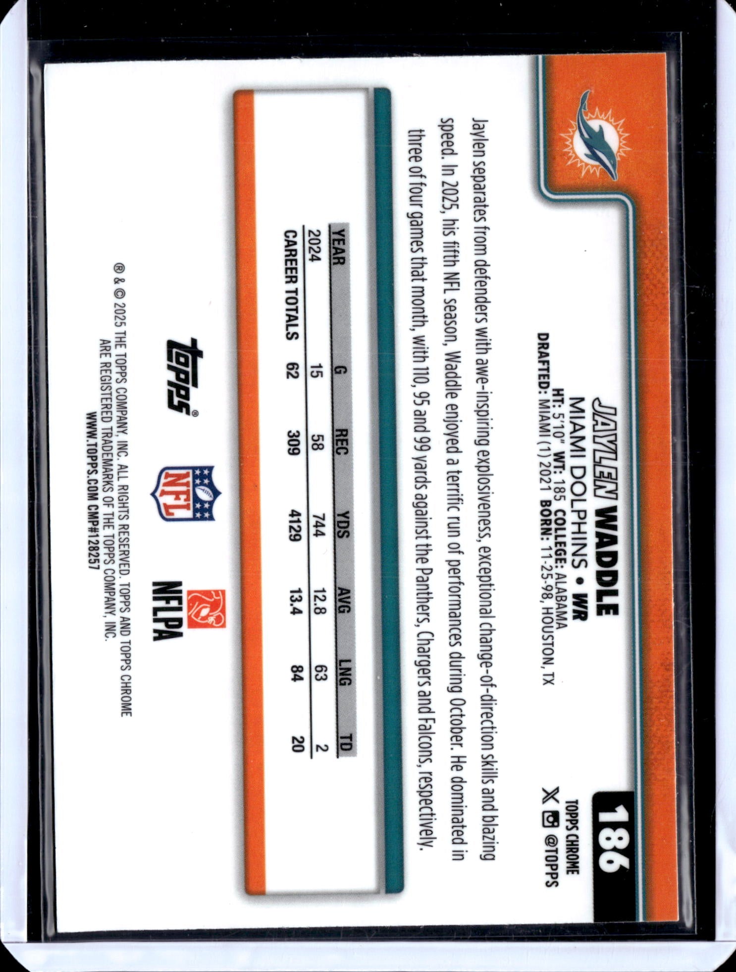 2025 Topps Chrome Football Jaylen Waddle #186 Red Lava Refractor