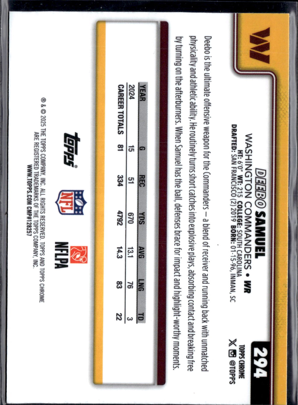 2025 Topps Chrome Football Deebo Samuel #294 Red Football Texture