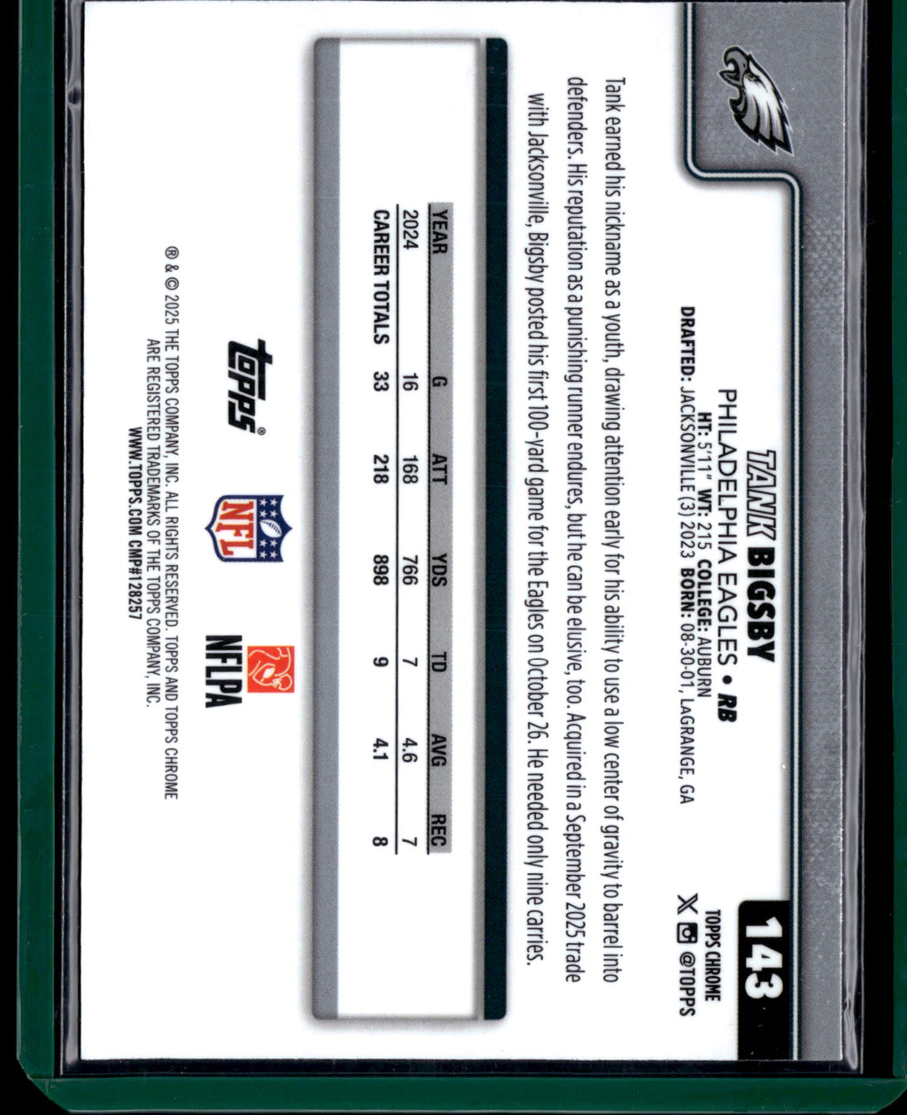 2025 Topps Chrome Football Tank Bigsby #143 Red Football Texture