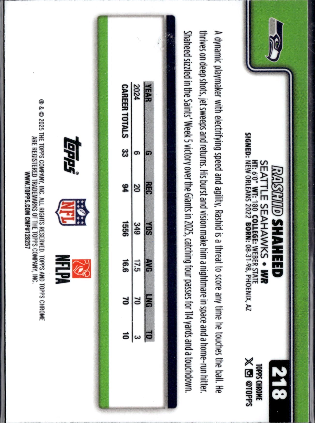 2025 Topps Chrome Football Rashid Shaheed #218 Prizm