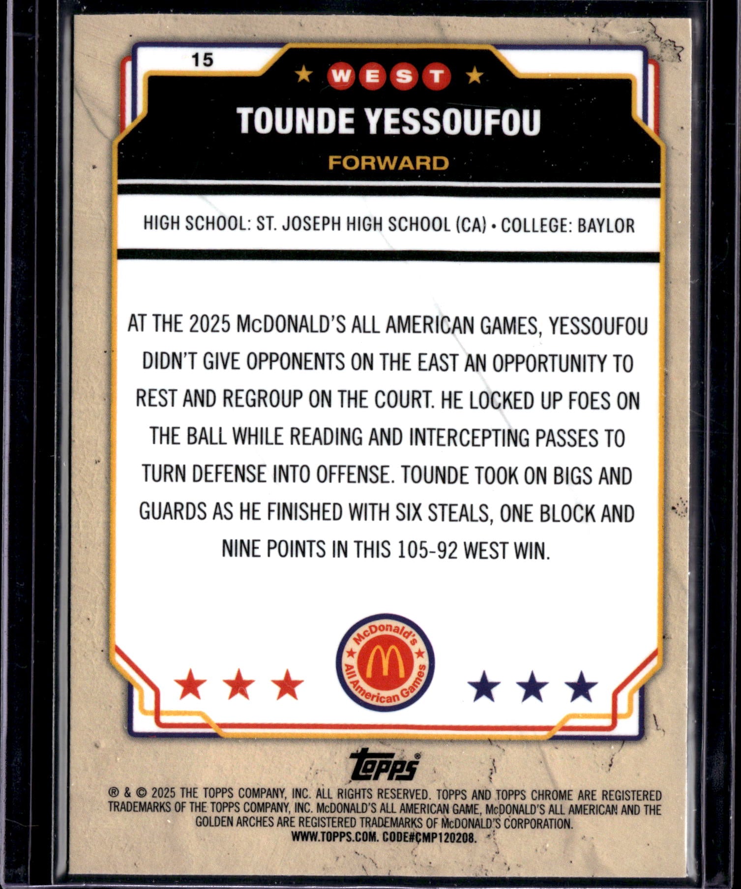 2025 Topps Chrome McDonald's All American Tounde Yessoufou #15 Refractor