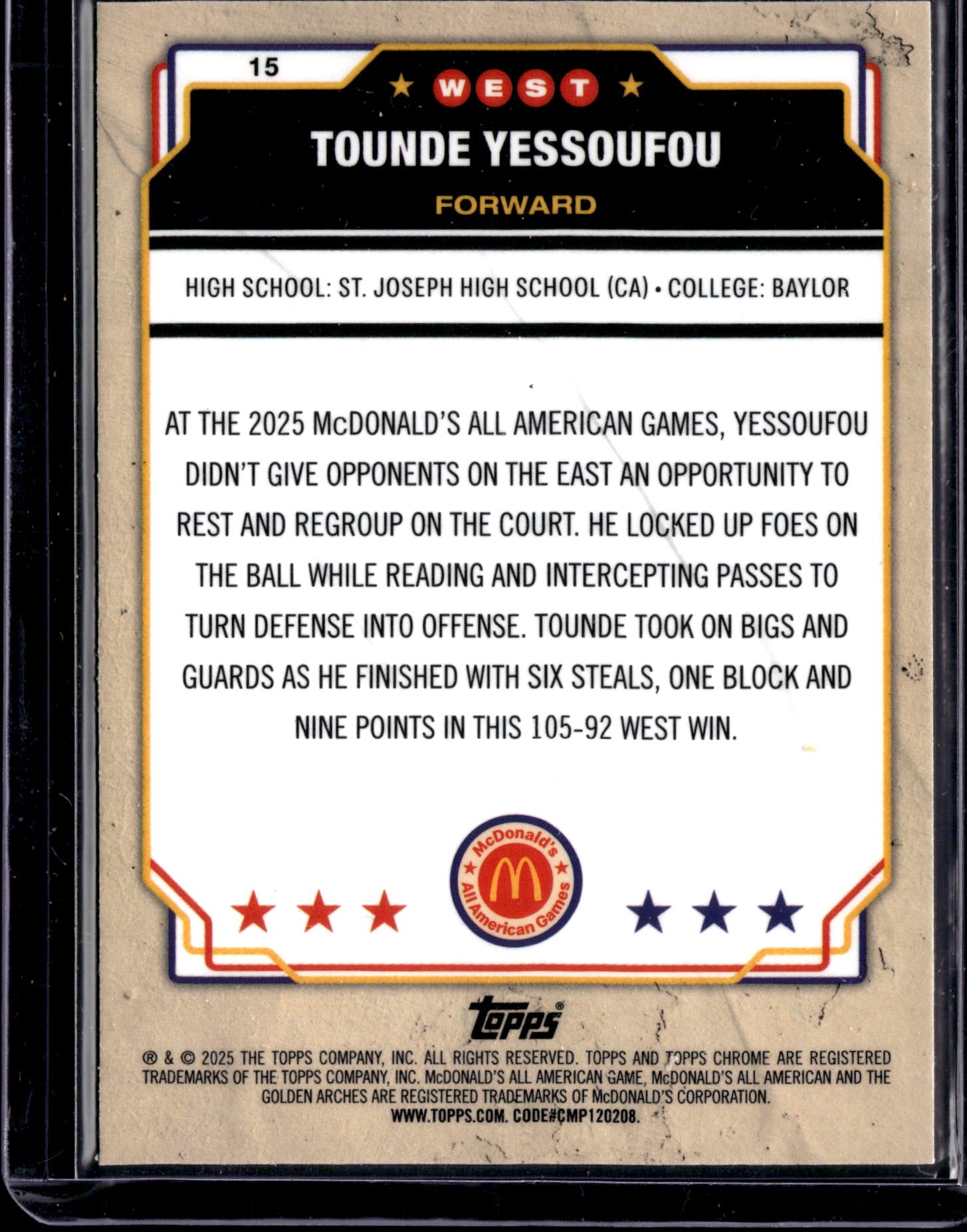 2025 Topps Chrome McDonald's All American Tounde Yessoufou #15