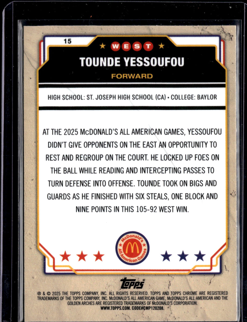 2025 Topps Chrome McDonald's All American Tounde Yessoufou #15 RayWave