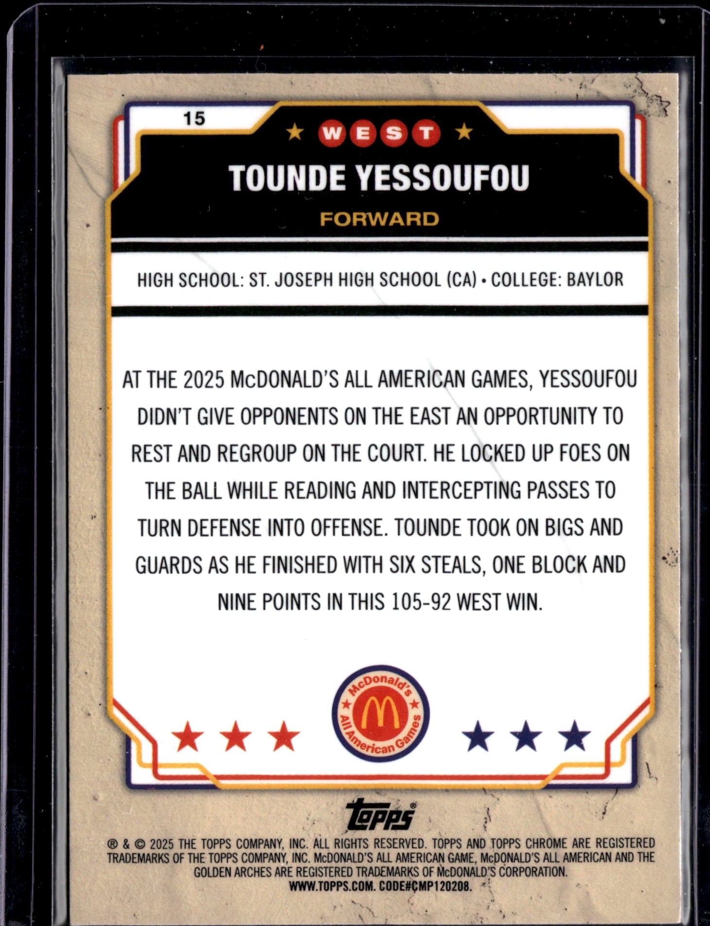 2025 Topps Chrome McDonald's All American Tounde Yessoufou #15 RayWave