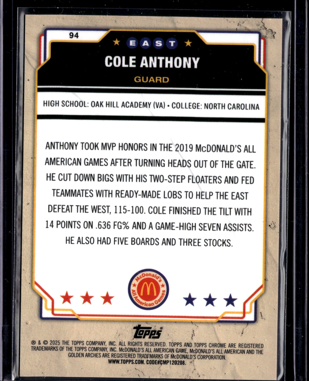 2025 Topps Chrome McDonald's All American Cole Anthony #94 Red /5