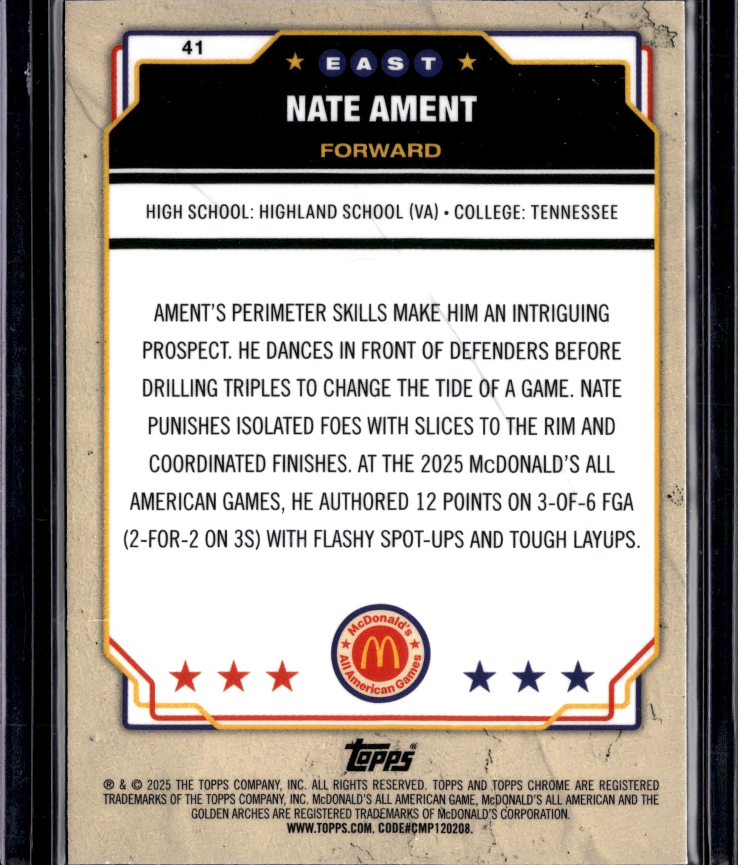 2025 Topps Chrome McDonald's All American Nate Ament #41 Purple RayWave /99