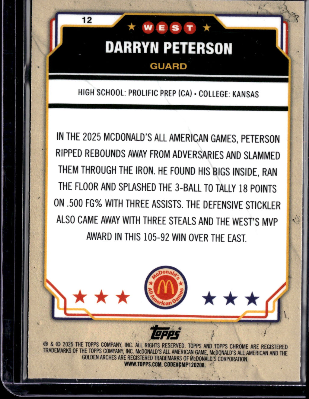 2025 Topps Chrome McDonald's All American Darryn Peterson #12