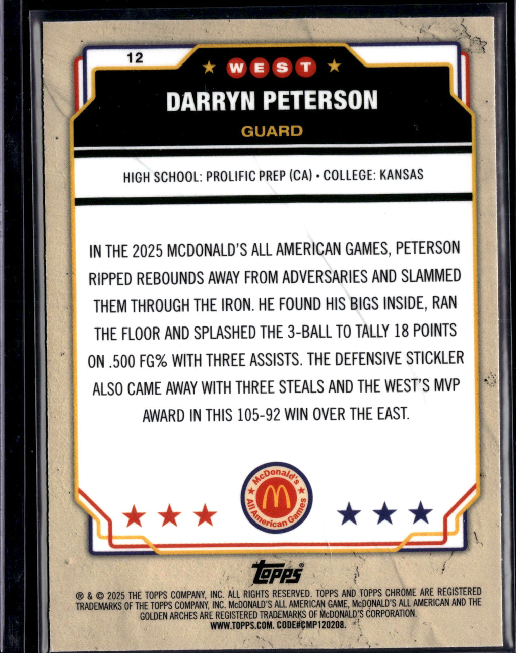 2025 Topps Chrome McDonald's All American Darryn Peterson #12