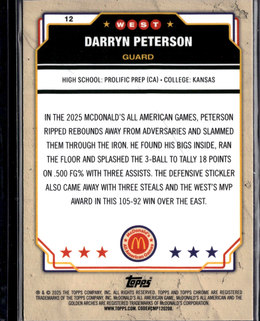 2025 Topps Chrome McDonald's All American Darryn Peterson #12 Blue