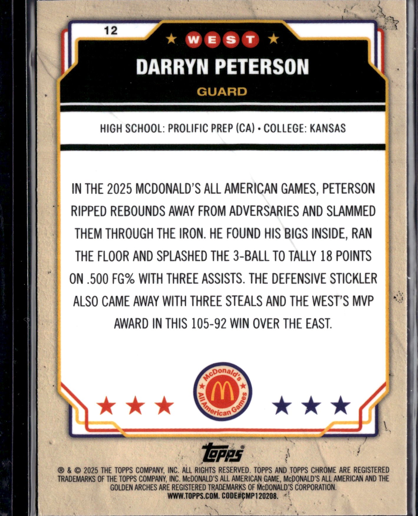 2025 Topps Chrome McDonald's All American Darryn Peterson #12 Blue