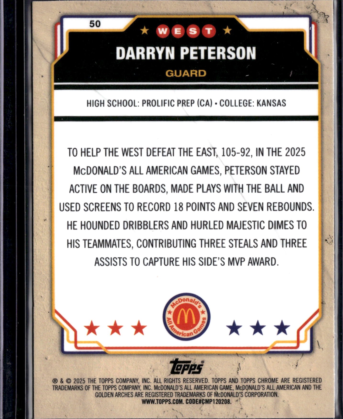 2025 Topps Chrome McDonald's All American Darryn Peterson #50 Stars