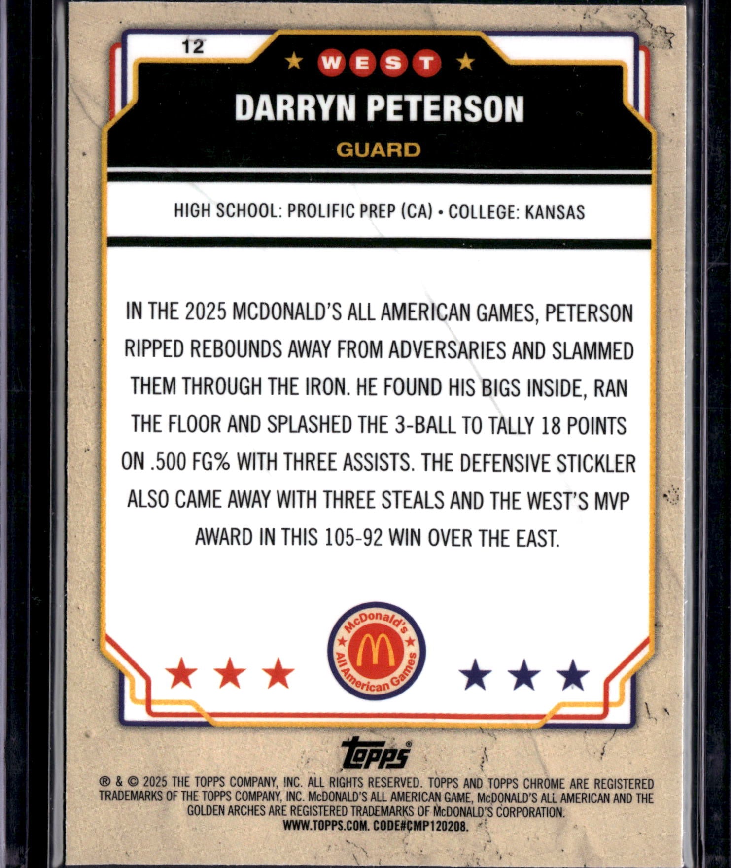 2025 Topps Chrome McDonald's All American Darryn Peterson #12