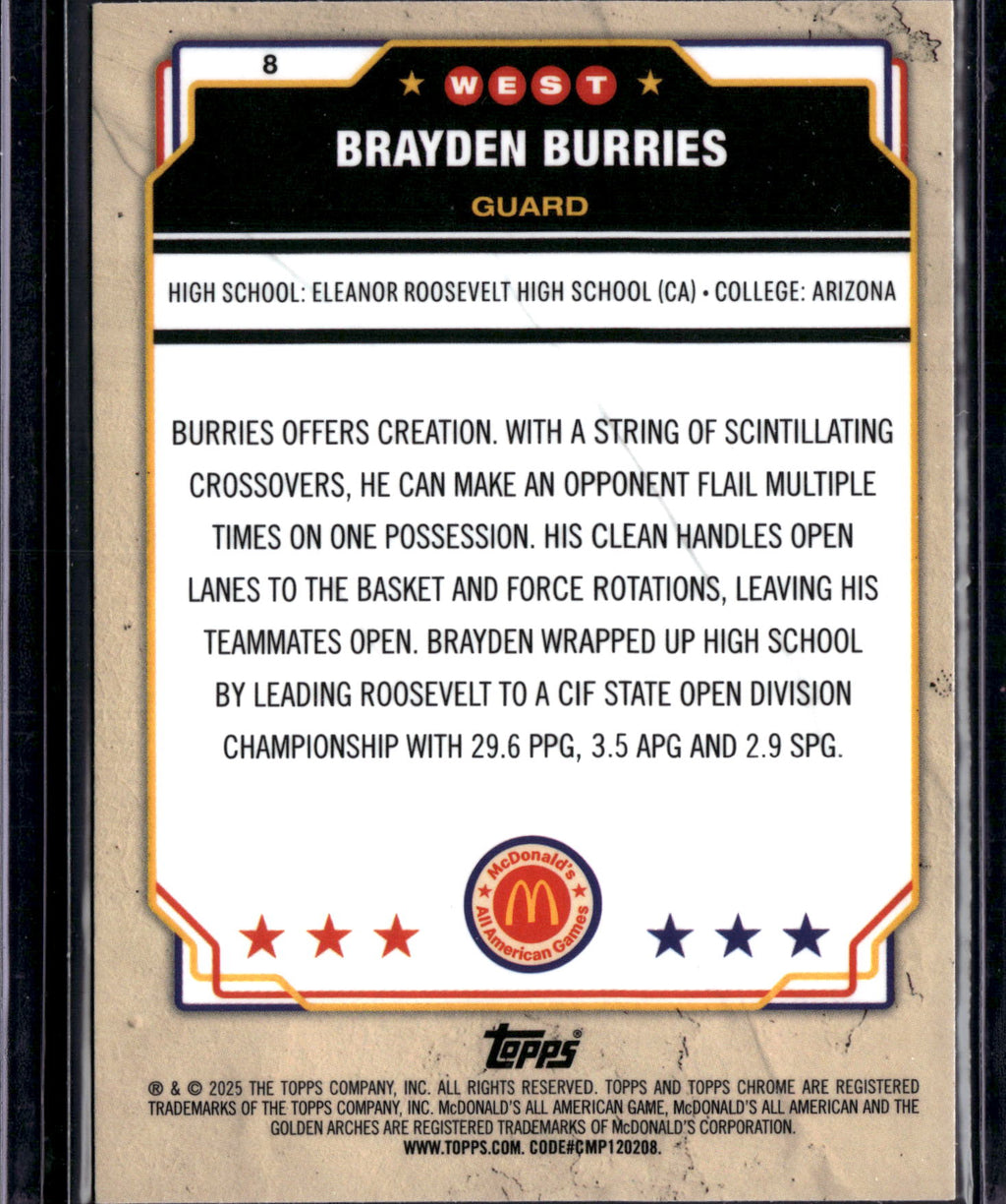 2025 Topps Chrome McDonald's All American Brayden Burries #8 Refractor