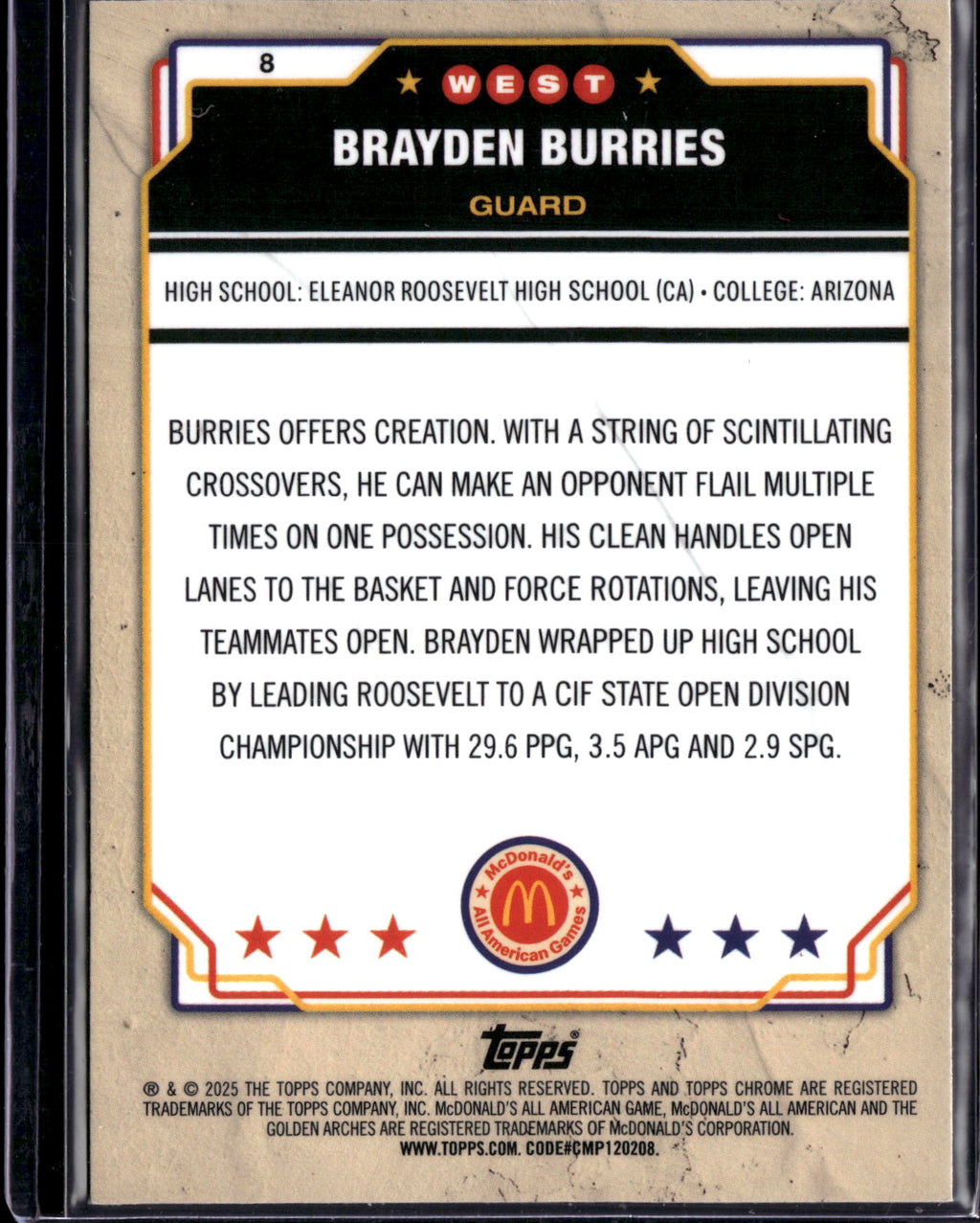 2025 Topps Chrome McDonald's All American Brayden Burries #8 RayWave