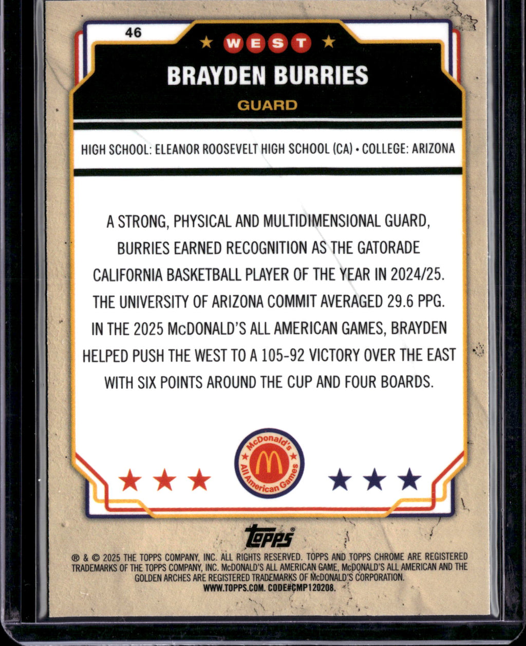 2025 Topps Chrome McDonald's All American Brayden Burries #46