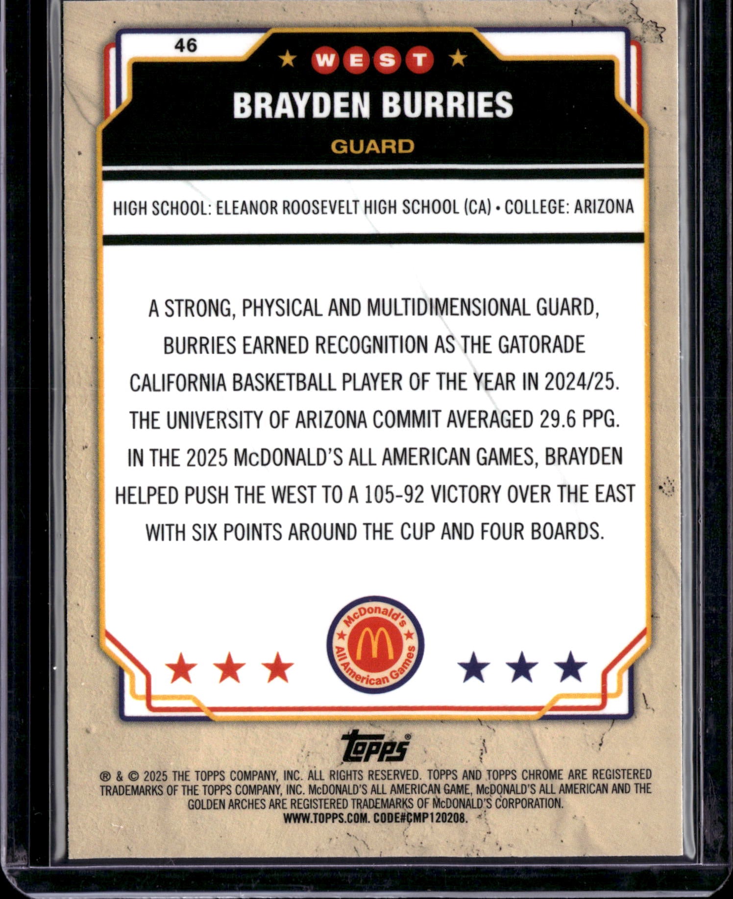 2025 Topps Chrome McDonald's All American Brayden Burries #46