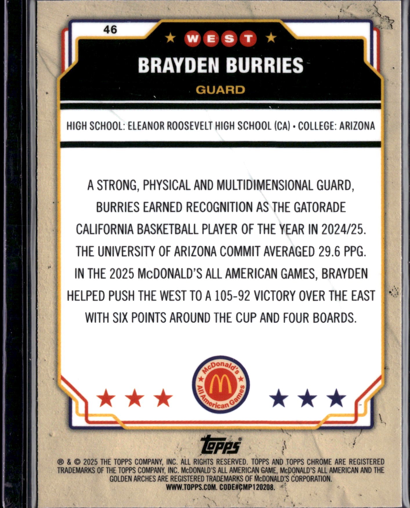 2025 Topps Chrome McDonald's All American Brayden Burries #46