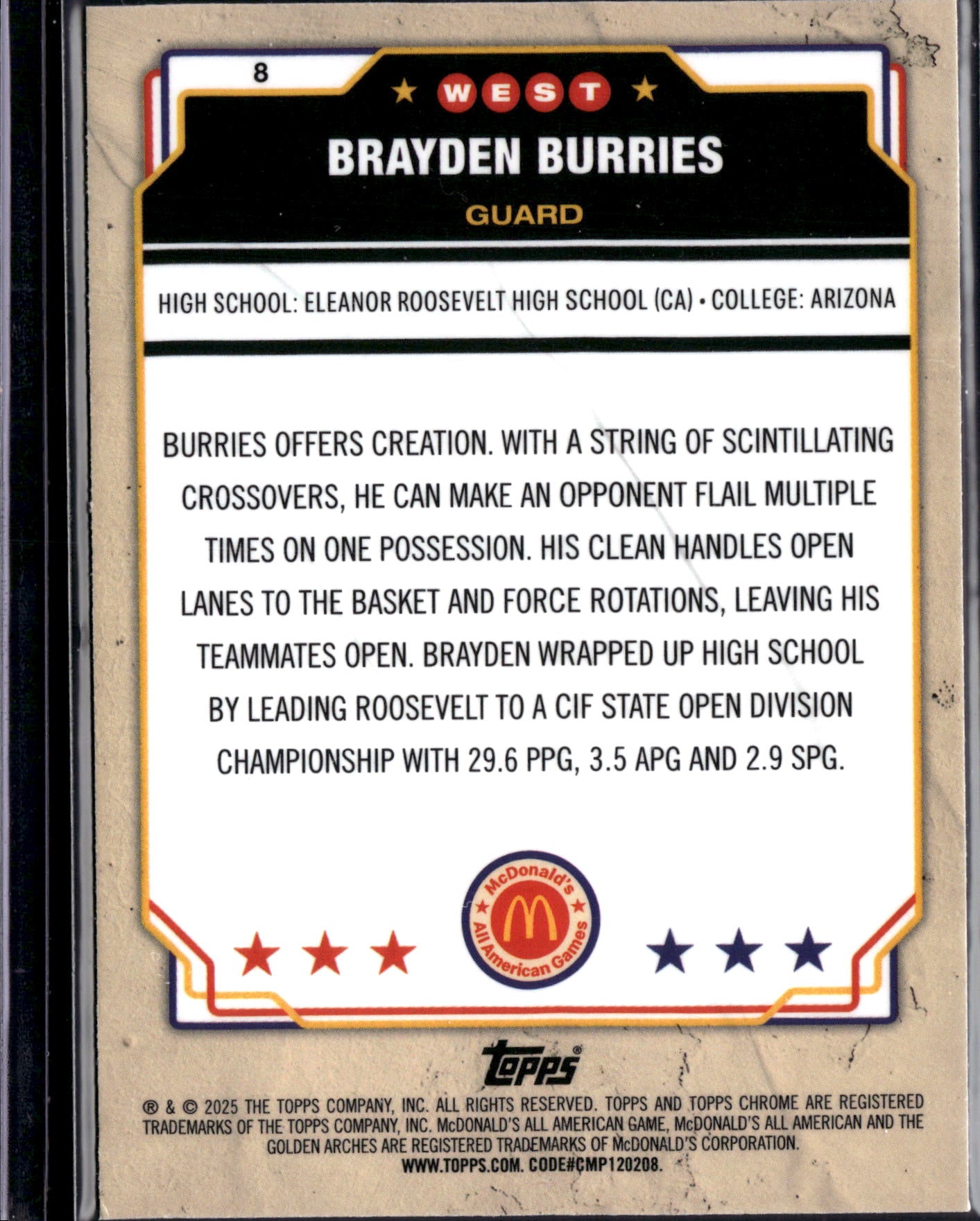 2025 Topps Chrome McDonald's All American Brayden Burries #8