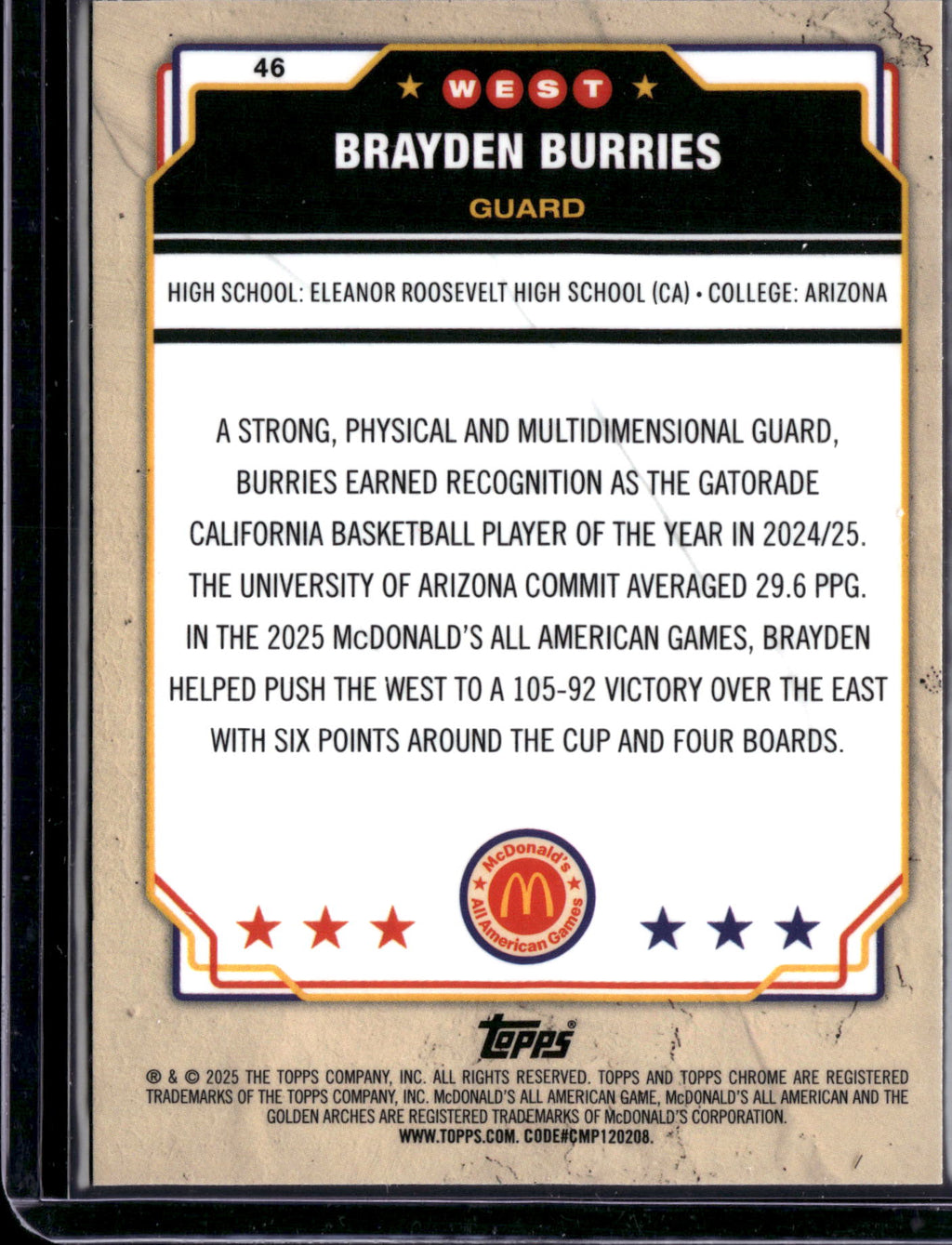 2025 Topps Chrome McDonald's All American Brayden Burries #46 Red RayWave