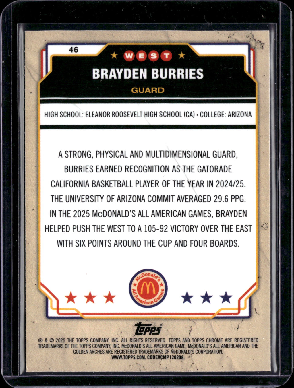 2025 Topps Chrome McDonald's All American Brayden Burries #46