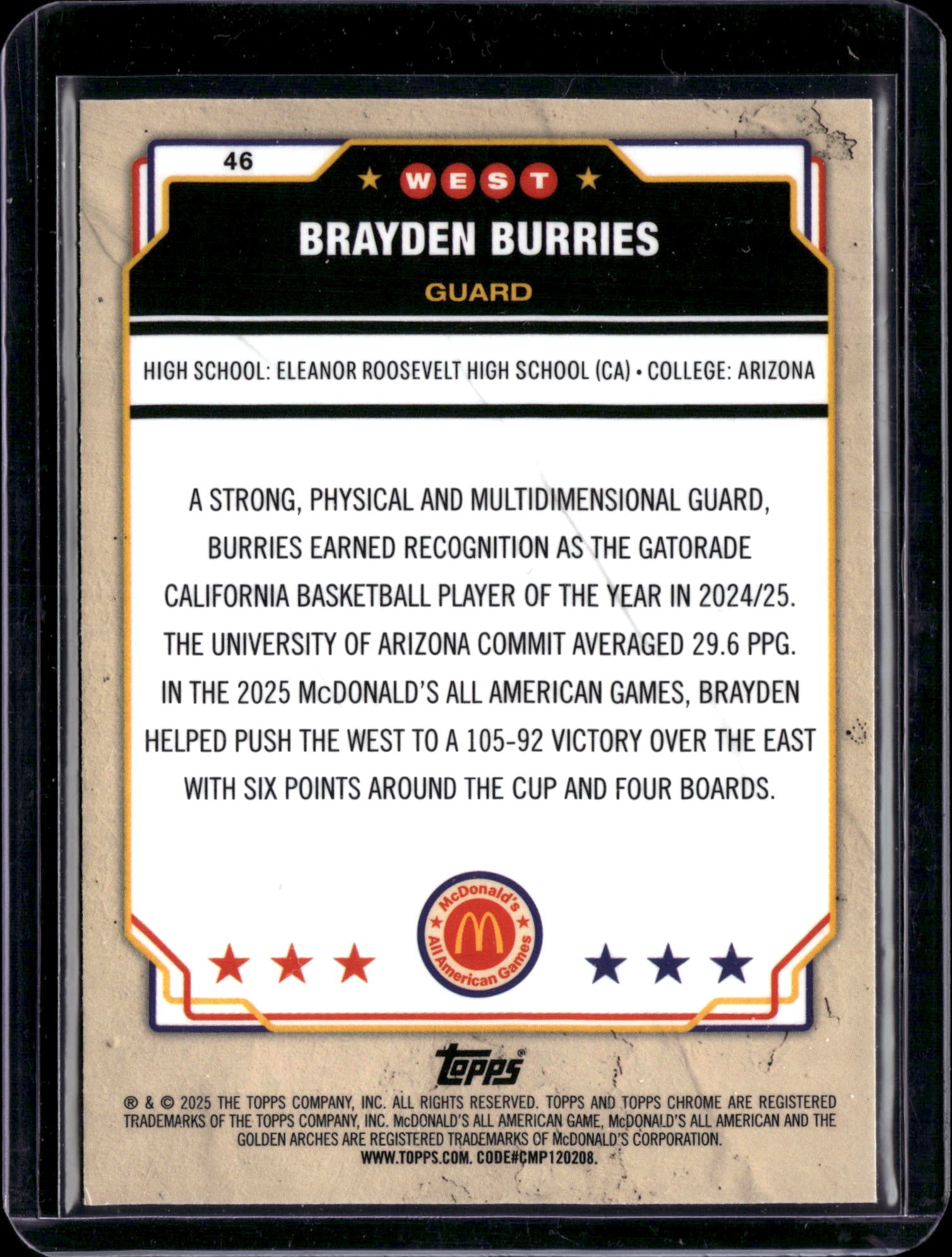 2025 Topps Chrome McDonald's All American Brayden Burries #46