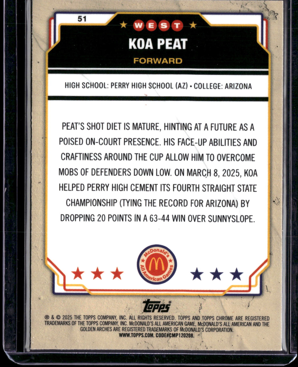 2025 Topps Chrome McDonald's All American Koa Peat #51