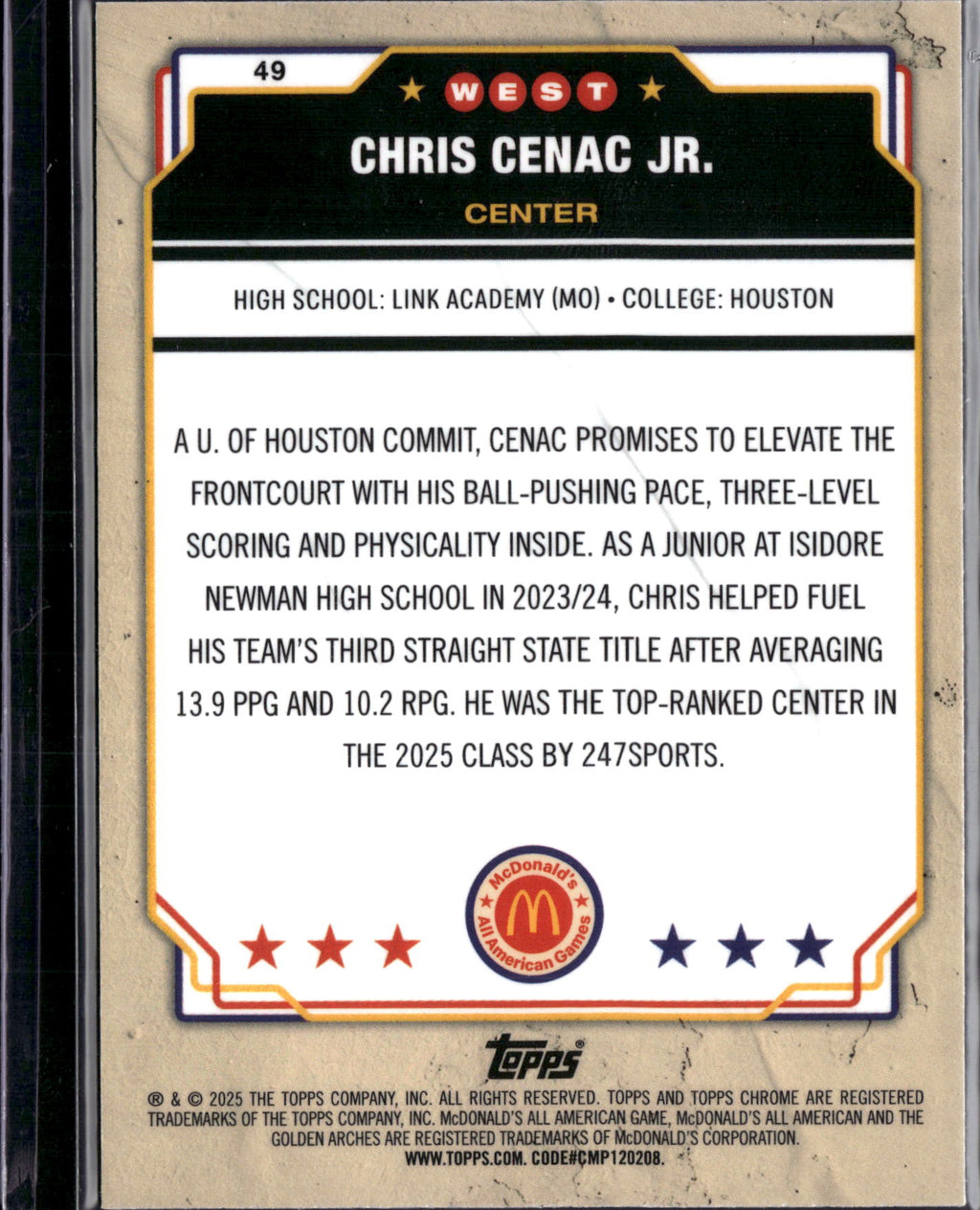 2025 Topps Chrome McDonald's All American Chris Cenac Jr. #49