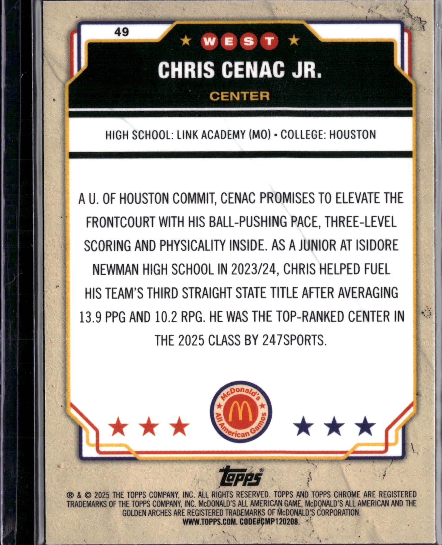 2025 Topps Chrome McDonald's All American Chris Cenac Jr. #49