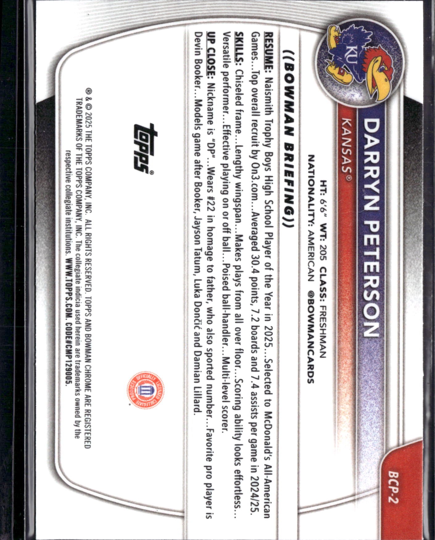 2025 Bowman Chrome University Darryn Peterson #BCP-2 Refractor