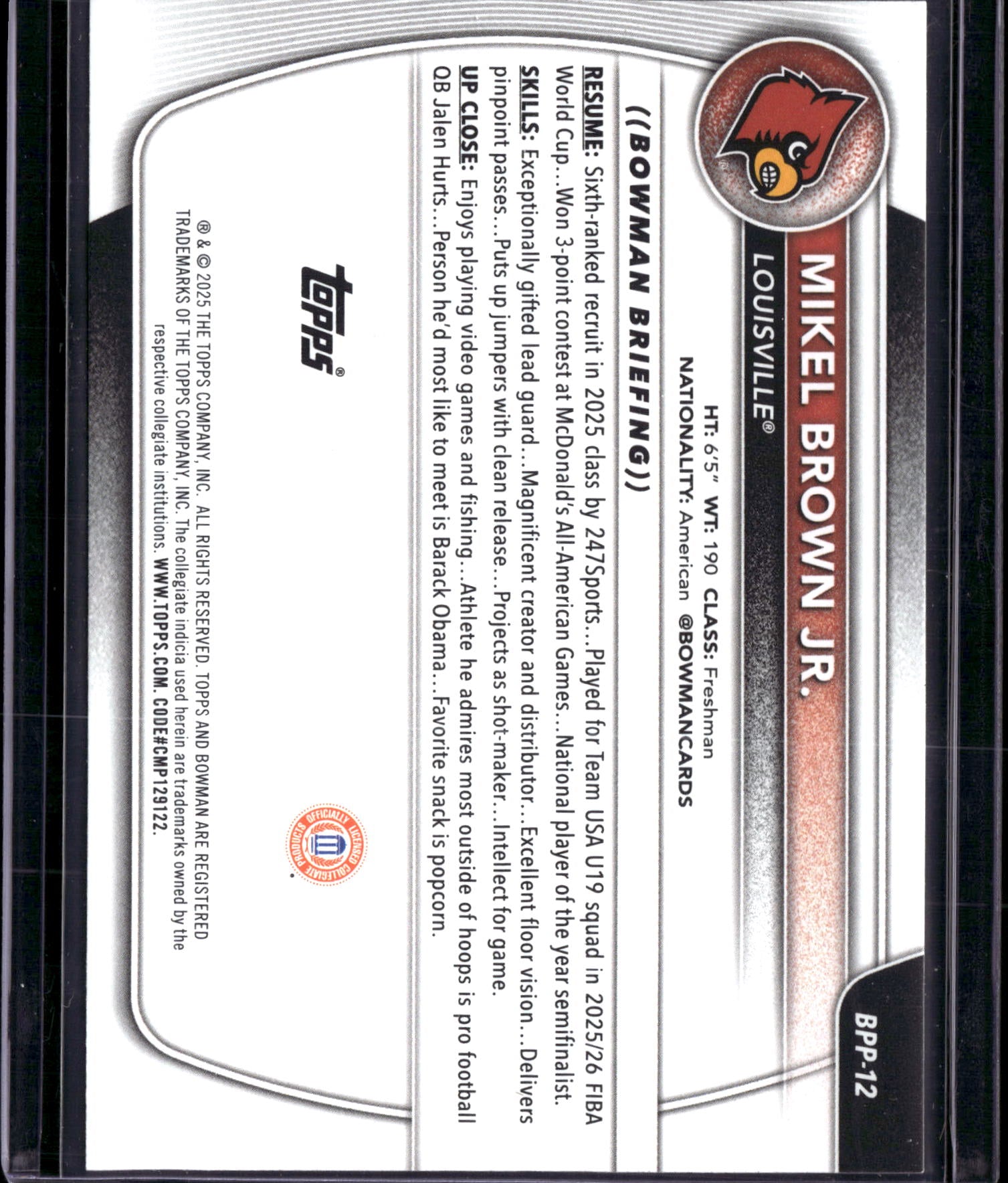 2025 Bowman University Mikel Brown Jr. #BPP-12 1st Bowman