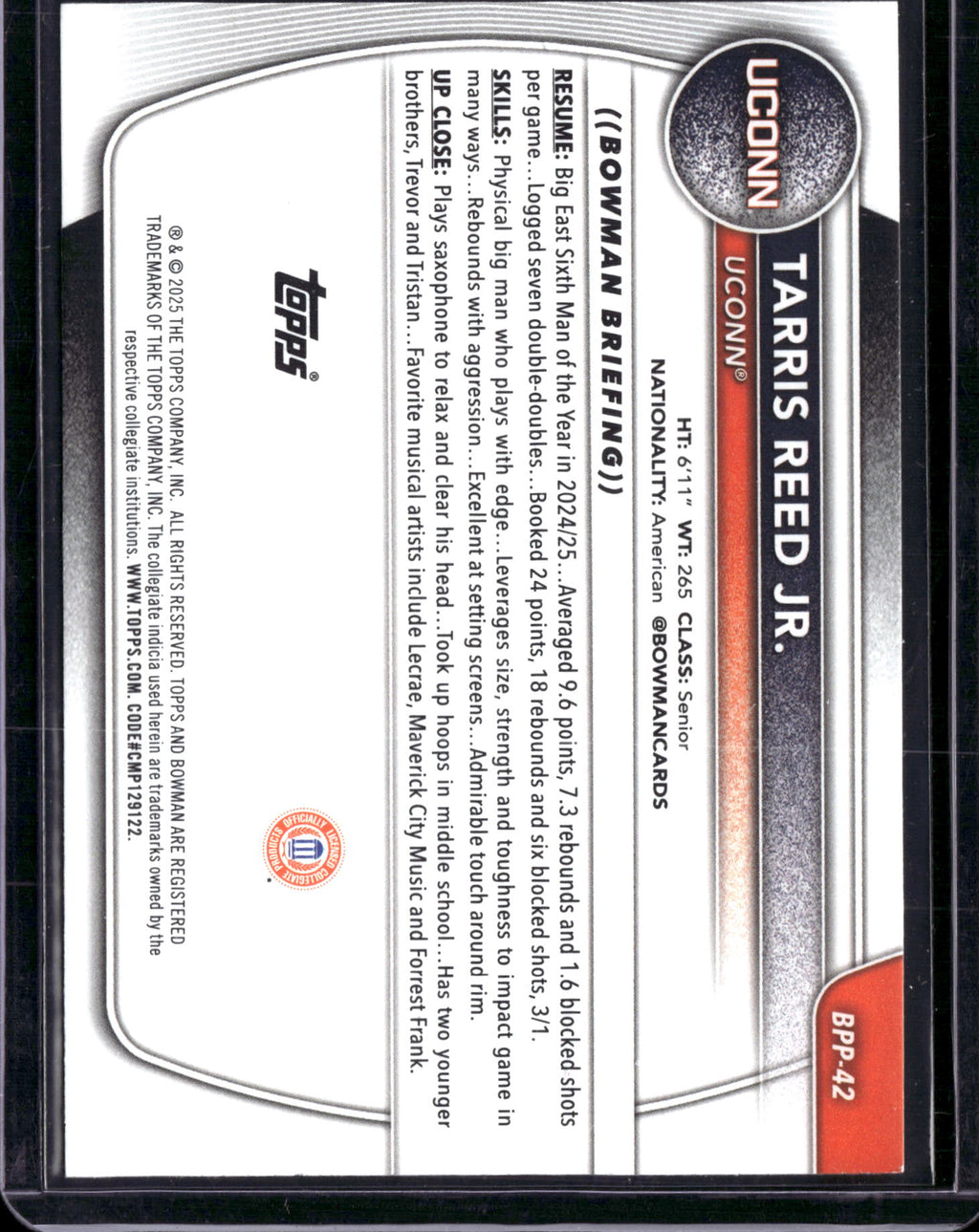 2025 Bowman University Chrome Tarris Reed Jr. #BPP-42