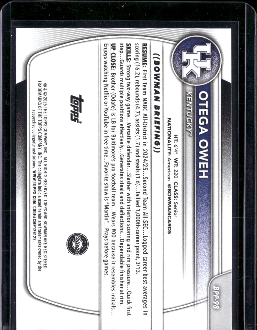 2025 Bowman University Chrome Basketball Otega Oweh #BPP-98 /13.