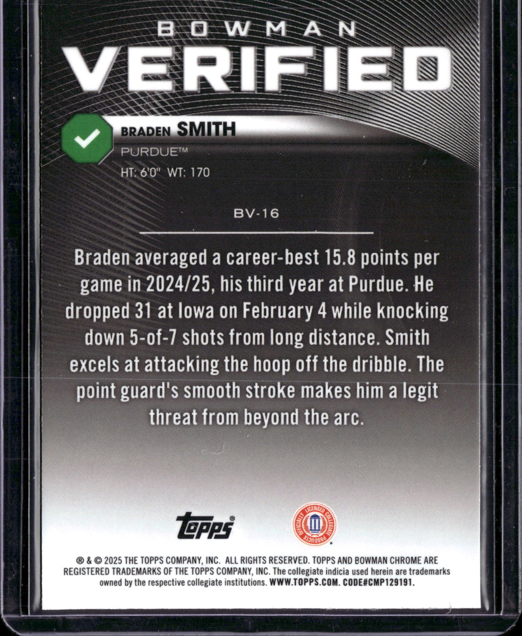 2025 Bowman Chrome University Verified Braden Smith #BV-16
