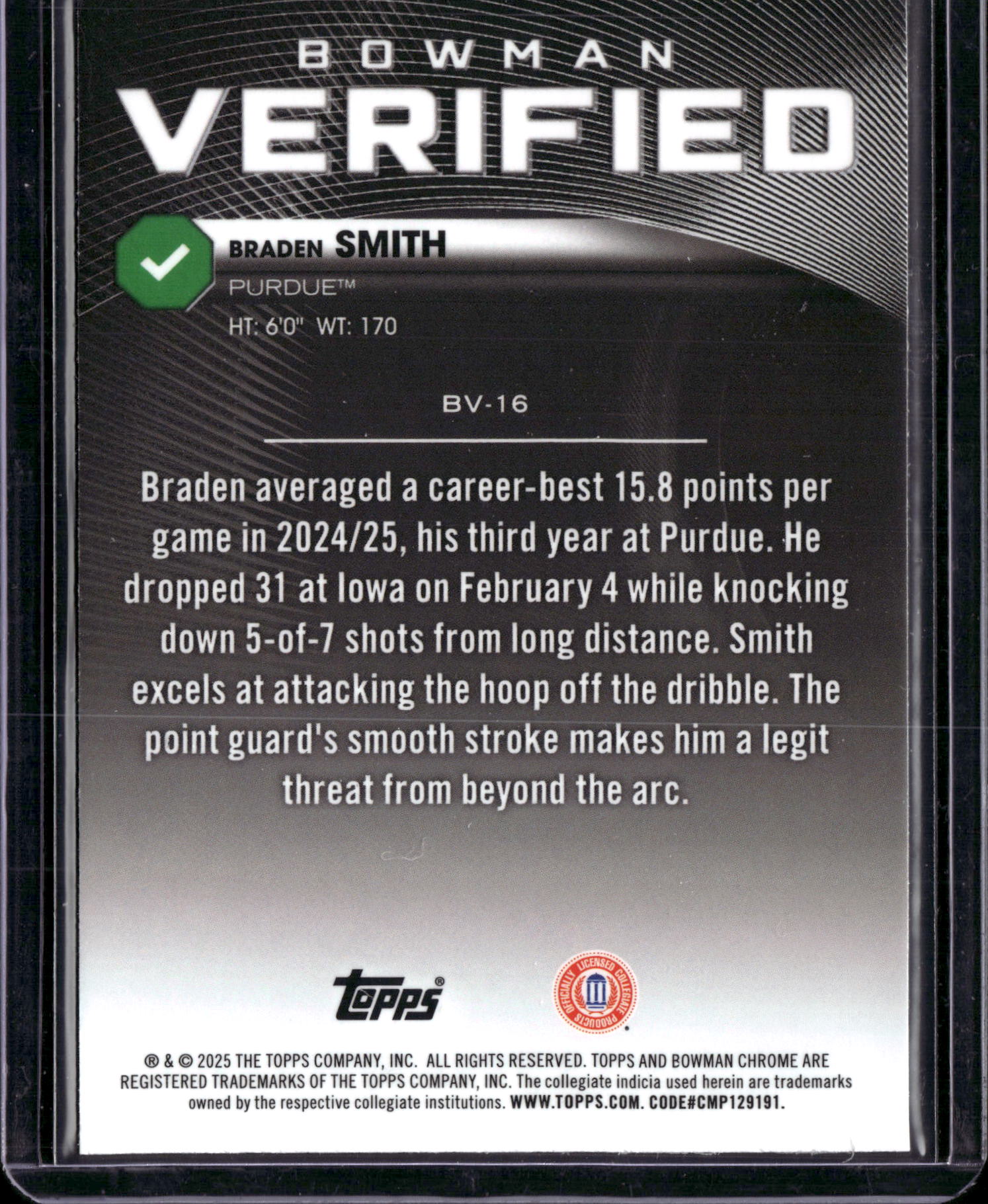 2025 Bowman Chrome University Verified Braden Smith #BV-16