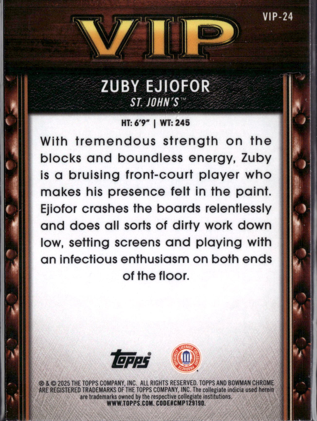 2025 Bowman Chrome University Very Important Prospects Zuby Ejiofor #VIP-24 Refractor