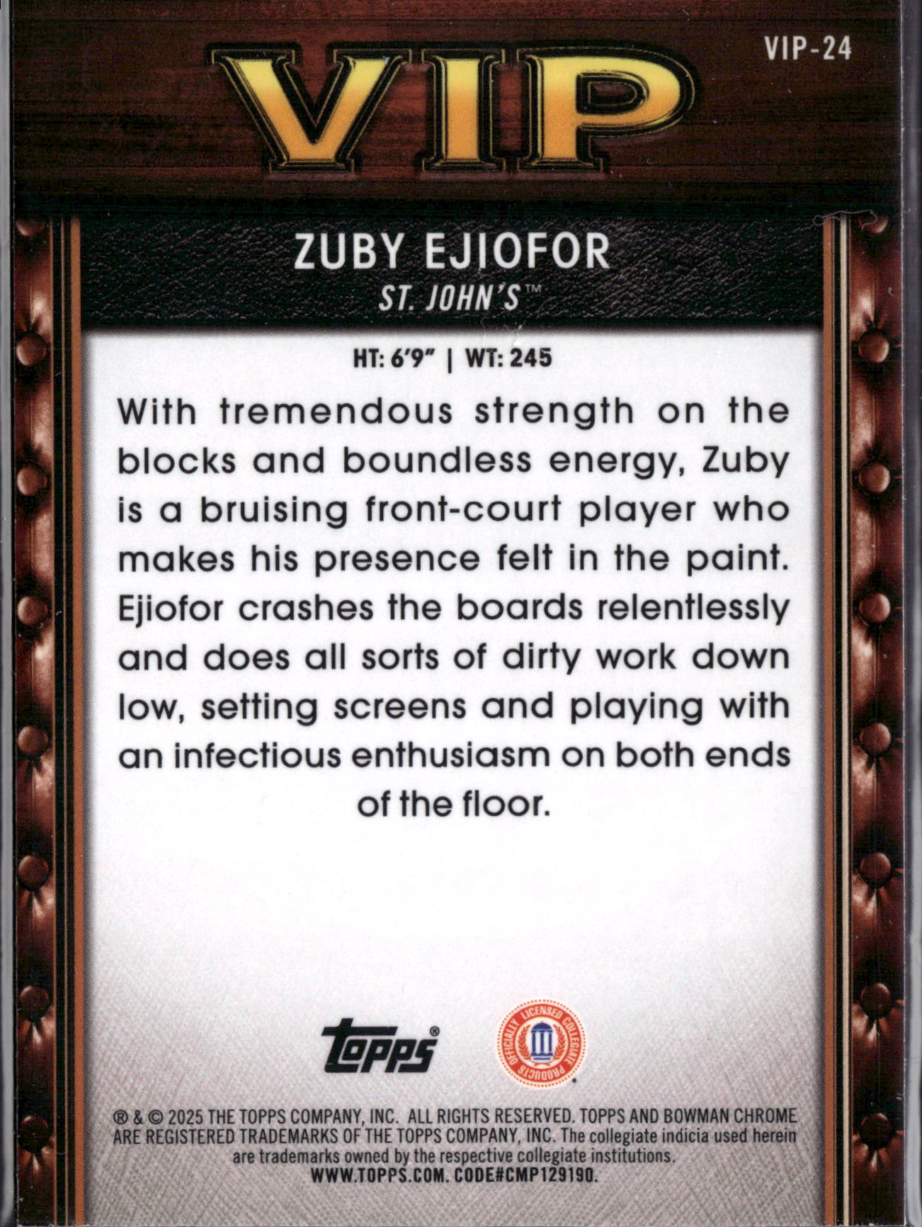 2025 Bowman Chrome University Very Important Prospects Zuby Ejiofor #VIP-24 Refractor
