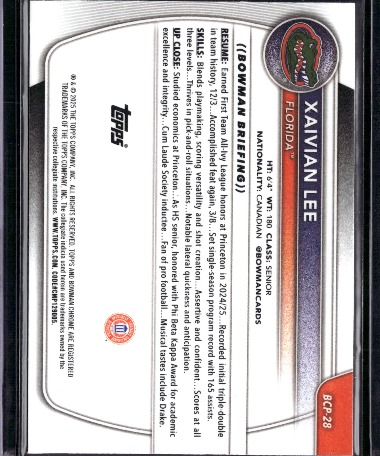 2025 Bowman Chrome University Xaivian Lee #BCP-28 Speckle Refractor
