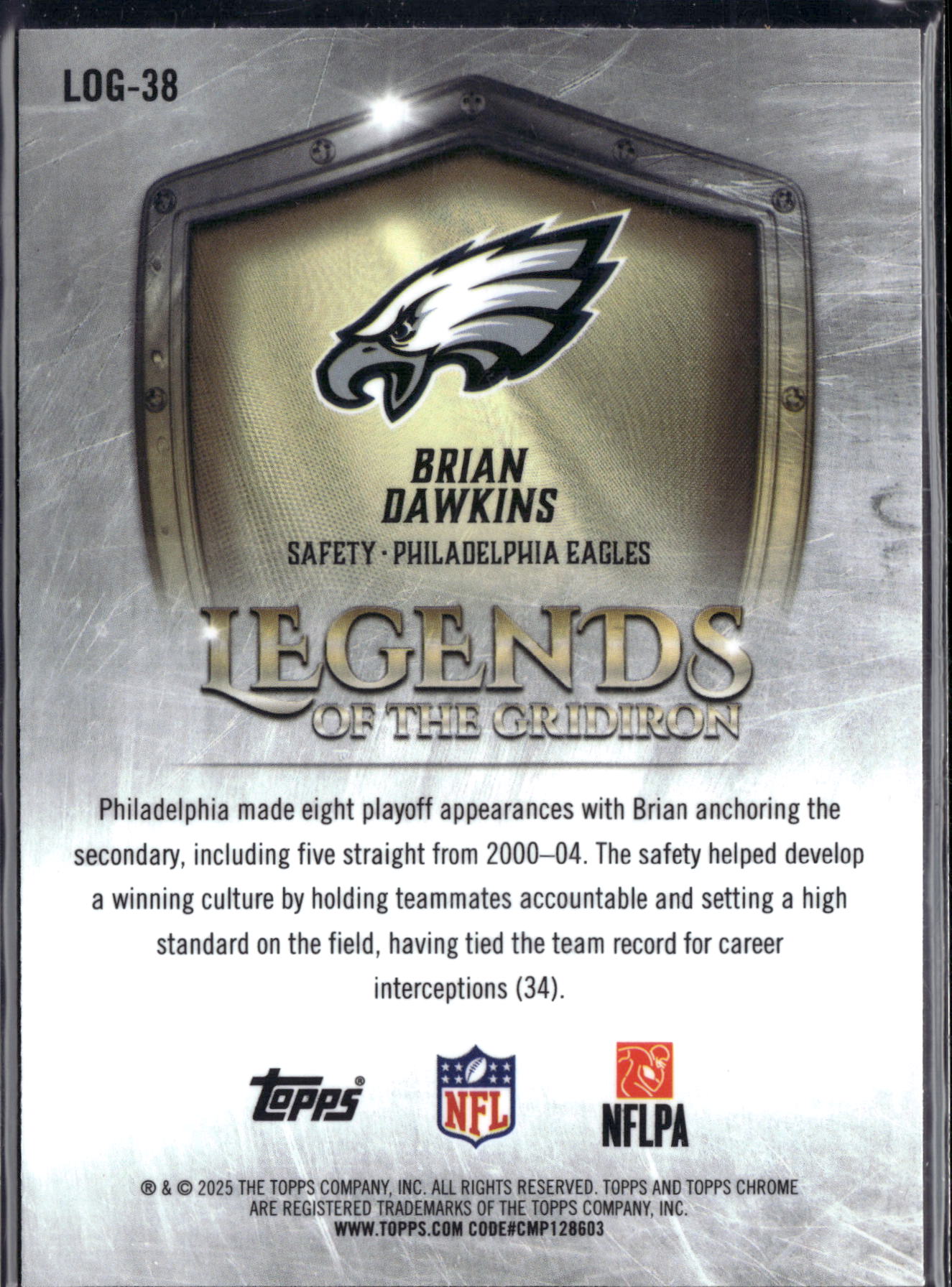 2025 Topps Chrome Legends of the Gridiron Brian Dawkins #LOG-38