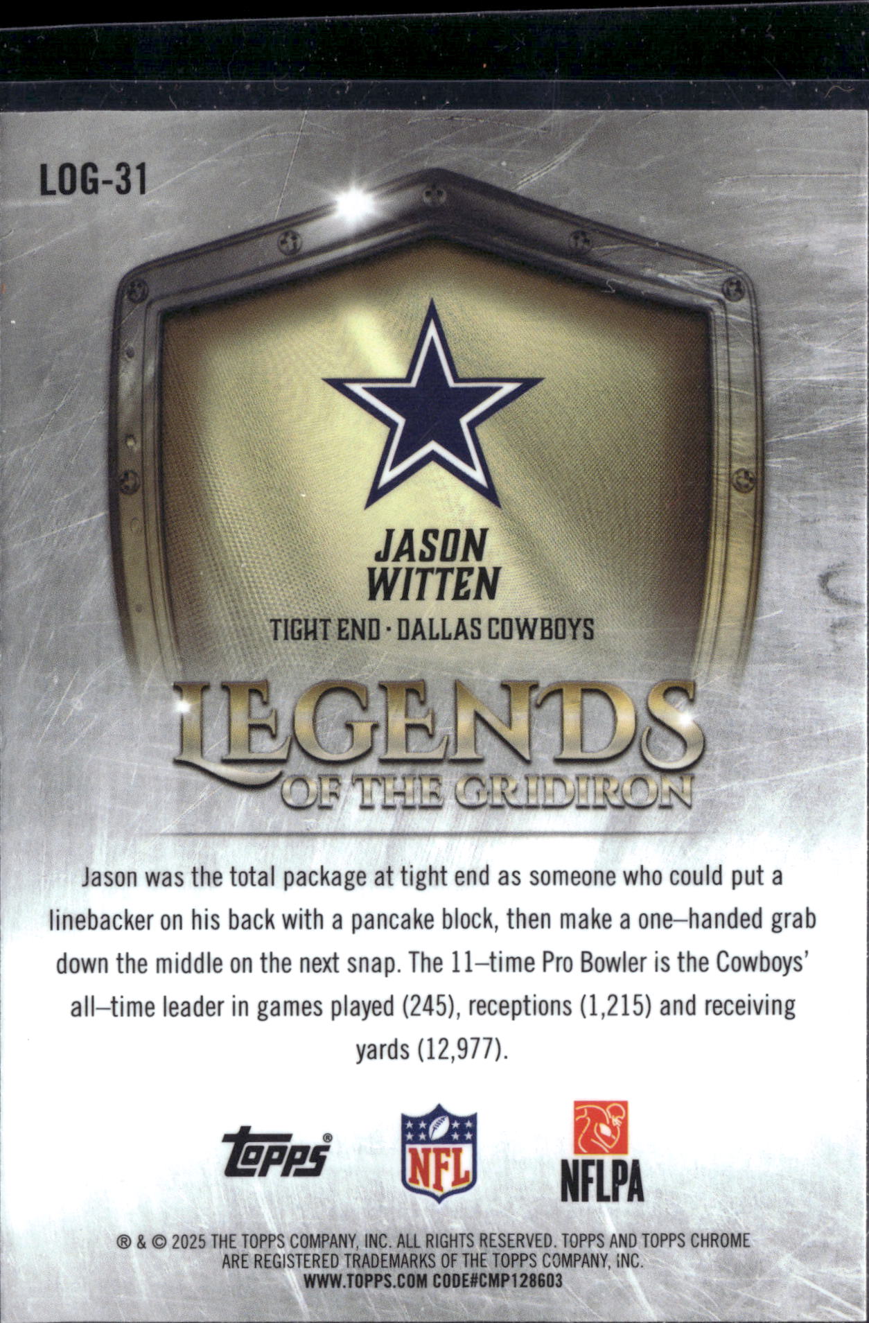 2025 Topps Chrome Legends of the Gridiron Jason Witten #LOG-31