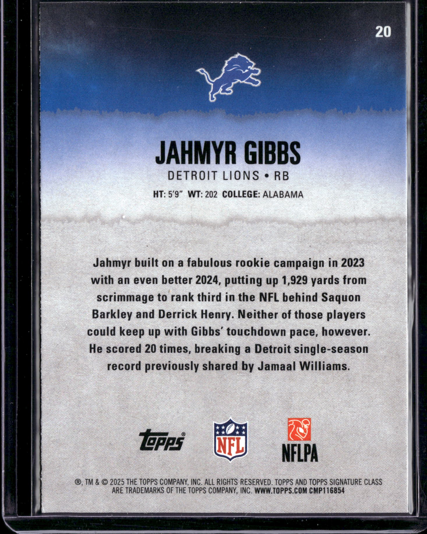 2025 Topps Signature Class Jahmyr Gibbs #20