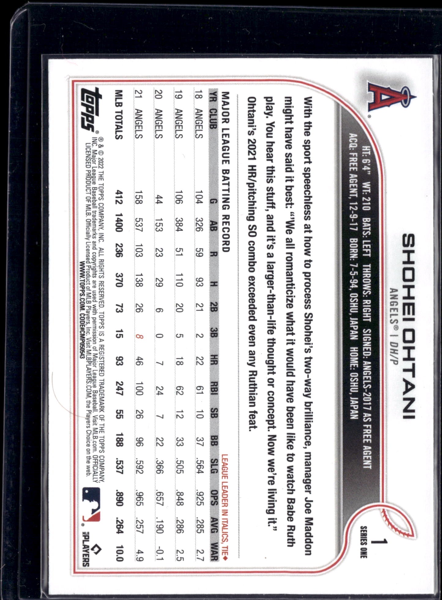 2022 Topps Series 1 Shohei Ohtani #1