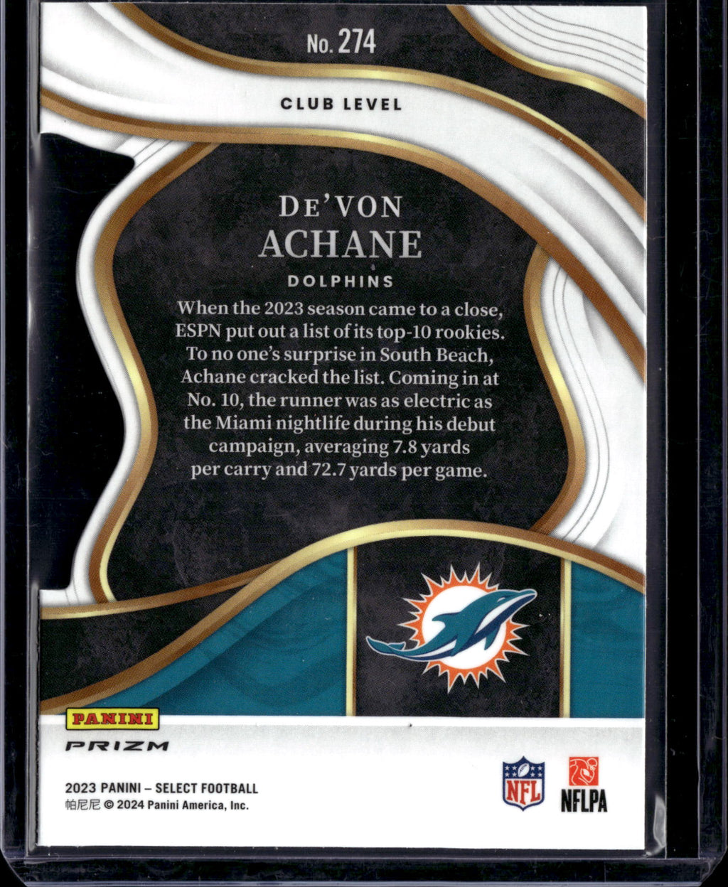 2024 Panini Select Football De'Von Achane #274 Club Level RC