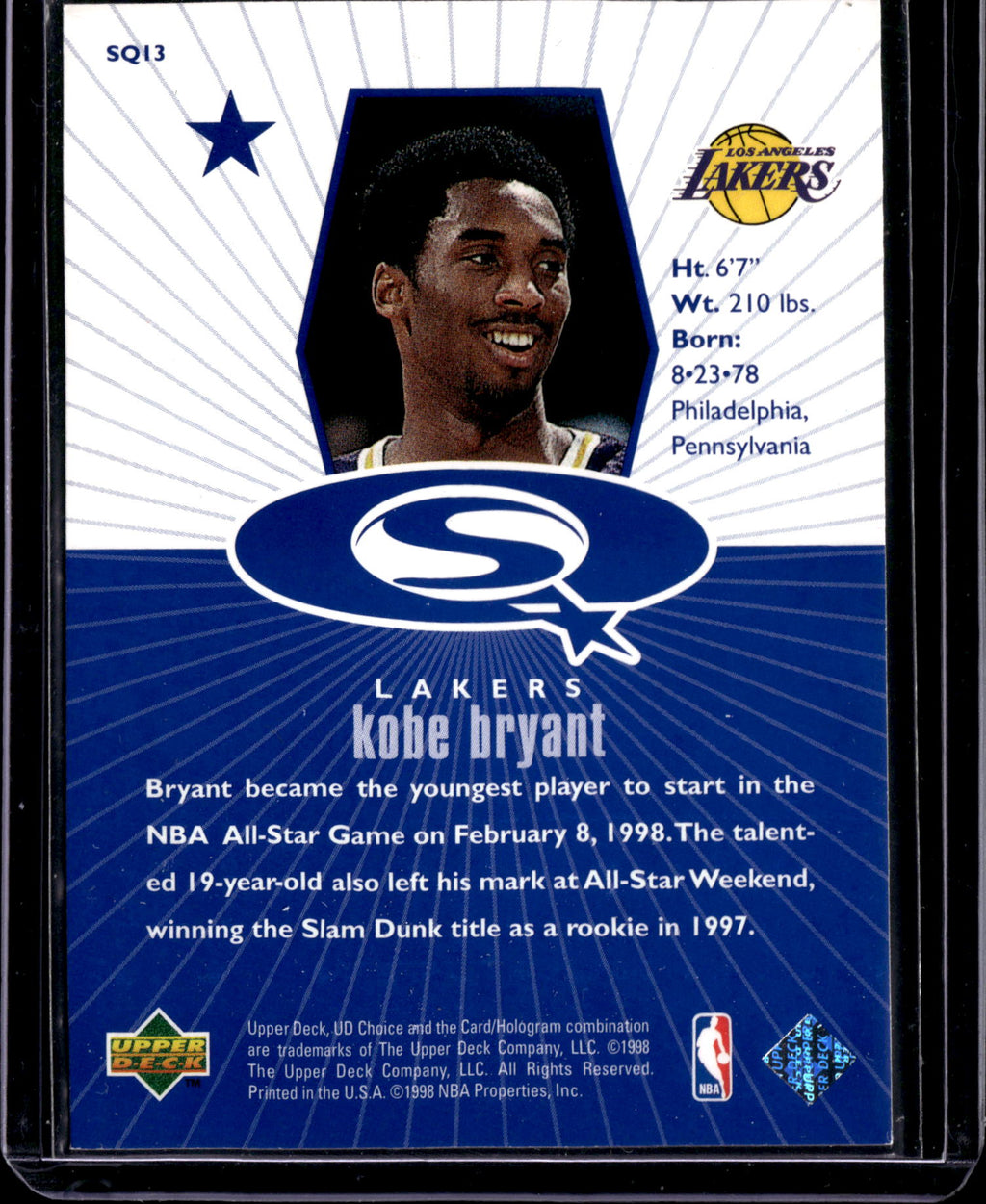1998 Upper Deck Choice Starquest Kobe Bryant #SQ13 Blue