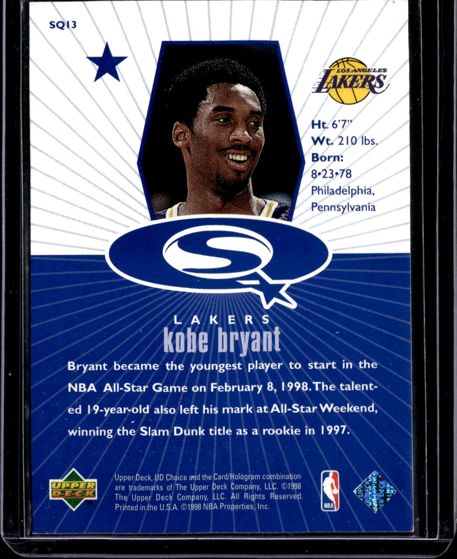 1998 Upper Deck Choice Starquest Kobe Bryant #SQ13 Blue