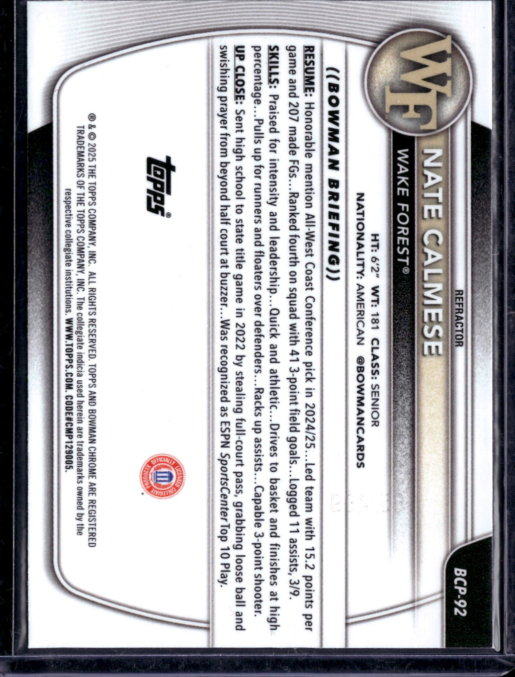2023 Bowman Chrome University Nate Calmese #BCP-92 Refractor /300