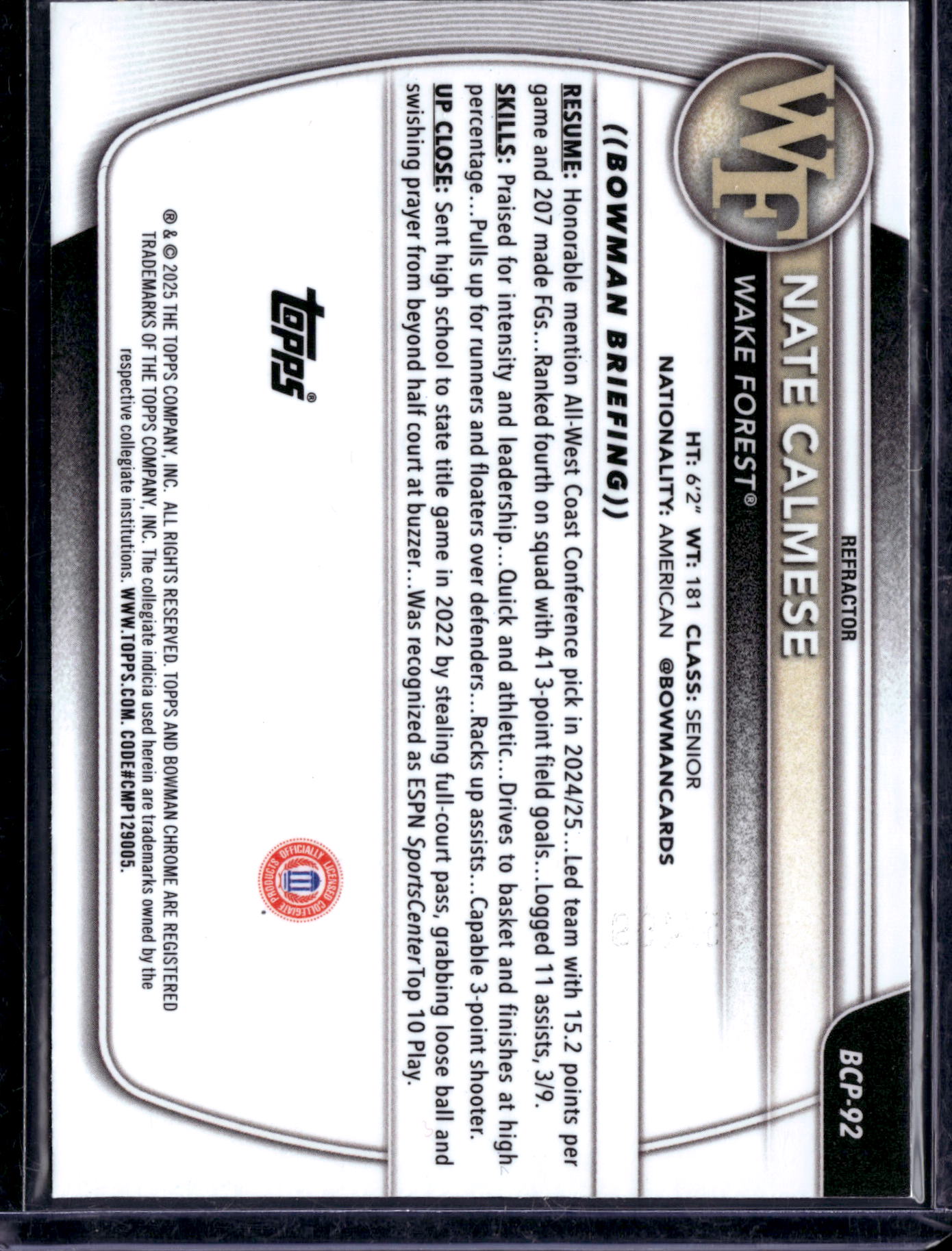 2023 Bowman Chrome University Nate Calmese #BCP-92 Refractor /300