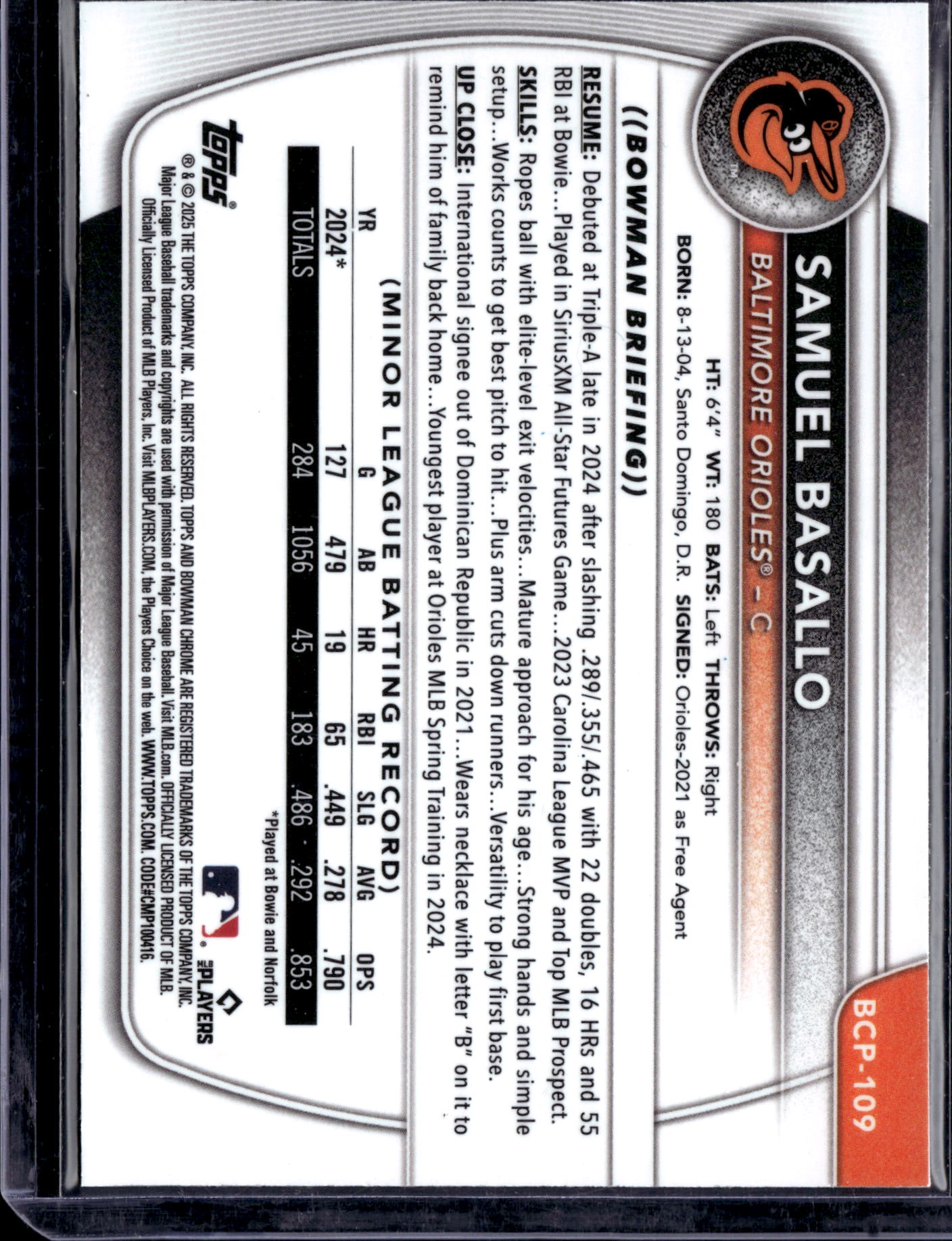 2025 Bowman Chrome Samuel Basallo #BCP-109