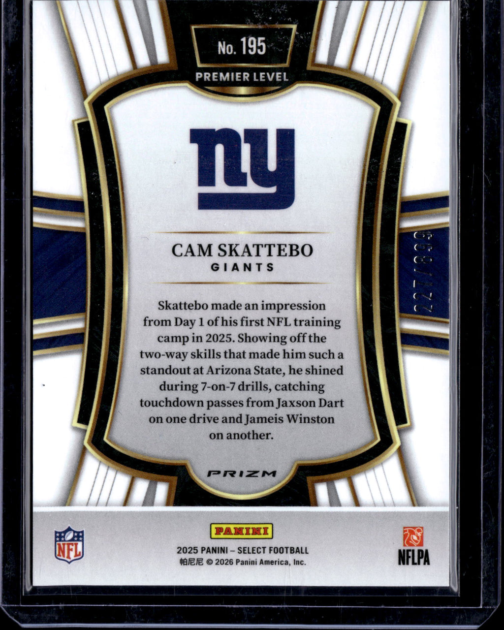 2026 Panini Select Prizm Cam Skattebo #195 Premier Level /899 RC